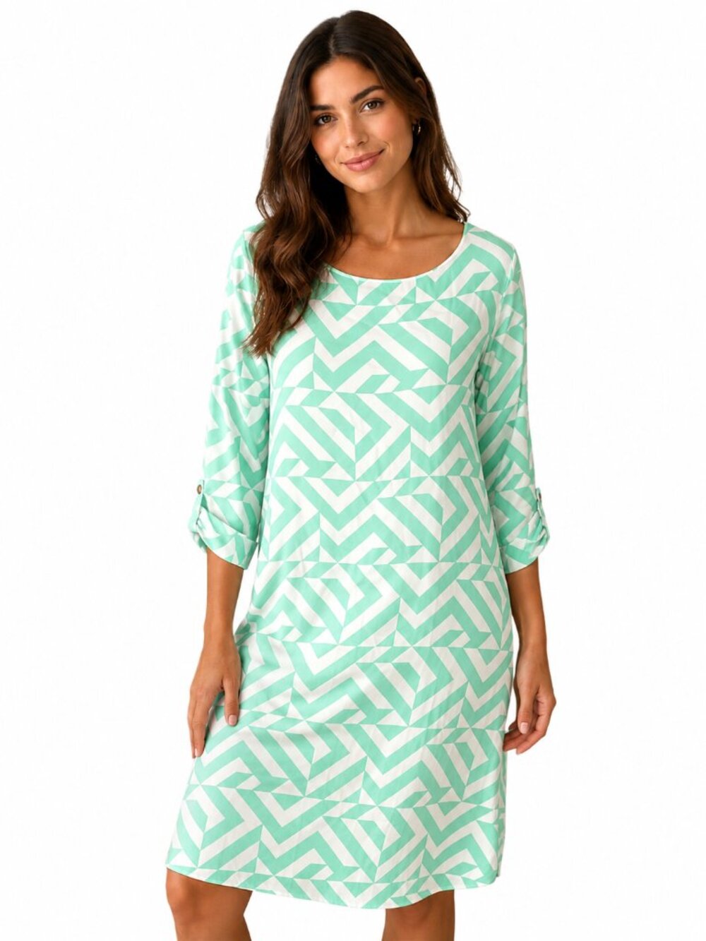 The Impeccable Pig Mint Green & White Geometric Print Shift Dress